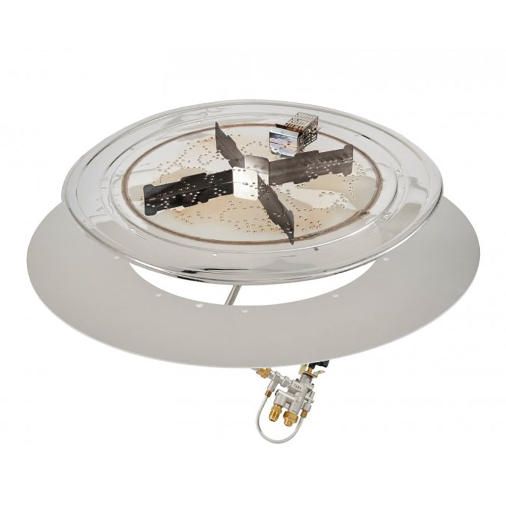 Round stainless steel gas burner kit with crystal-style fire insert and electronic ignition