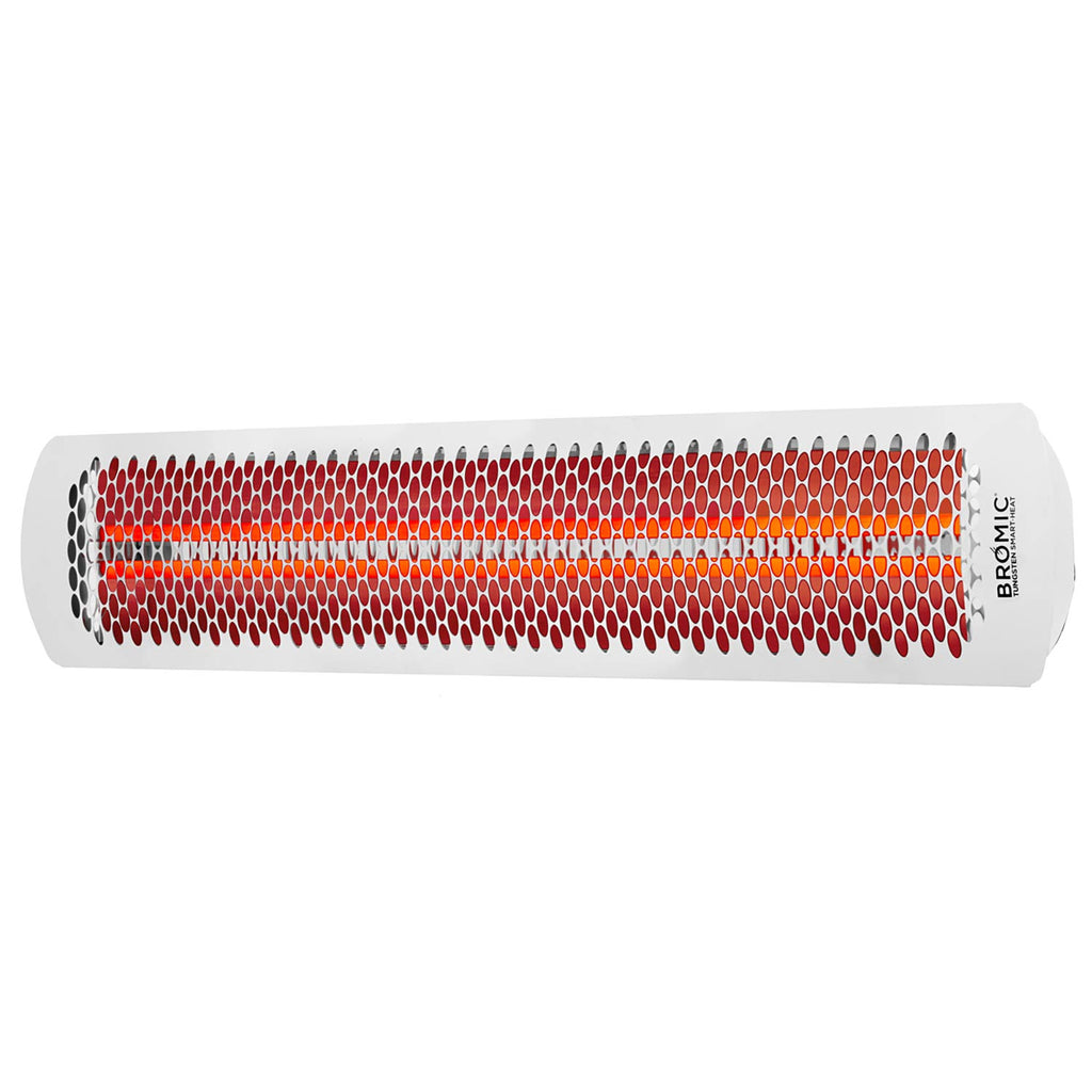 White electric heater with red tungsten heating element and Bromic logo on end cap