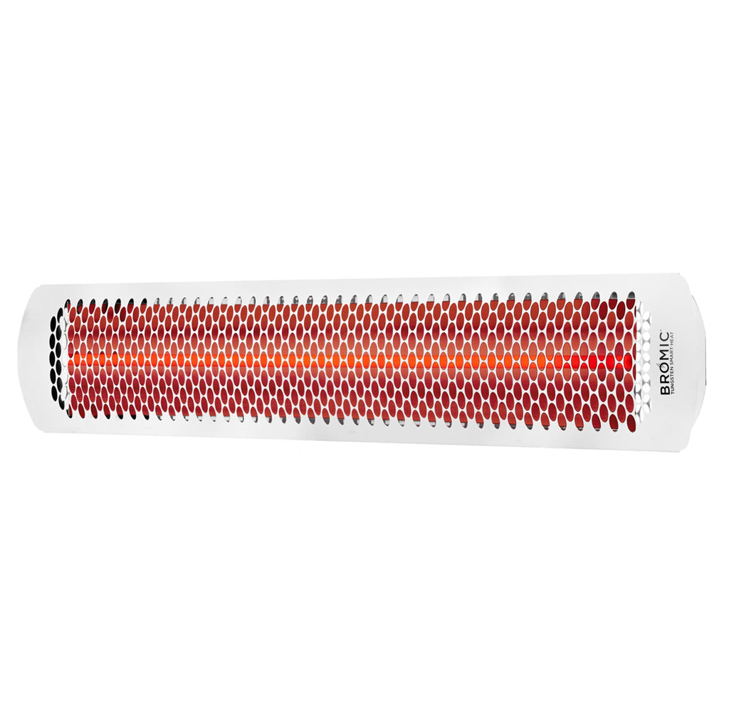 White electric heater with red heating grille and Bromic logo on the side