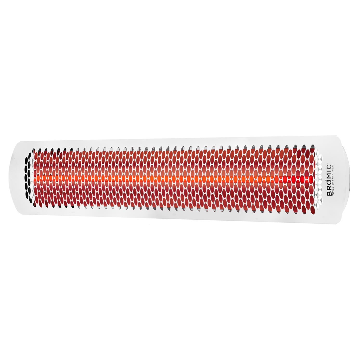 White electric heater with red heating grille and Bromic logo on the side