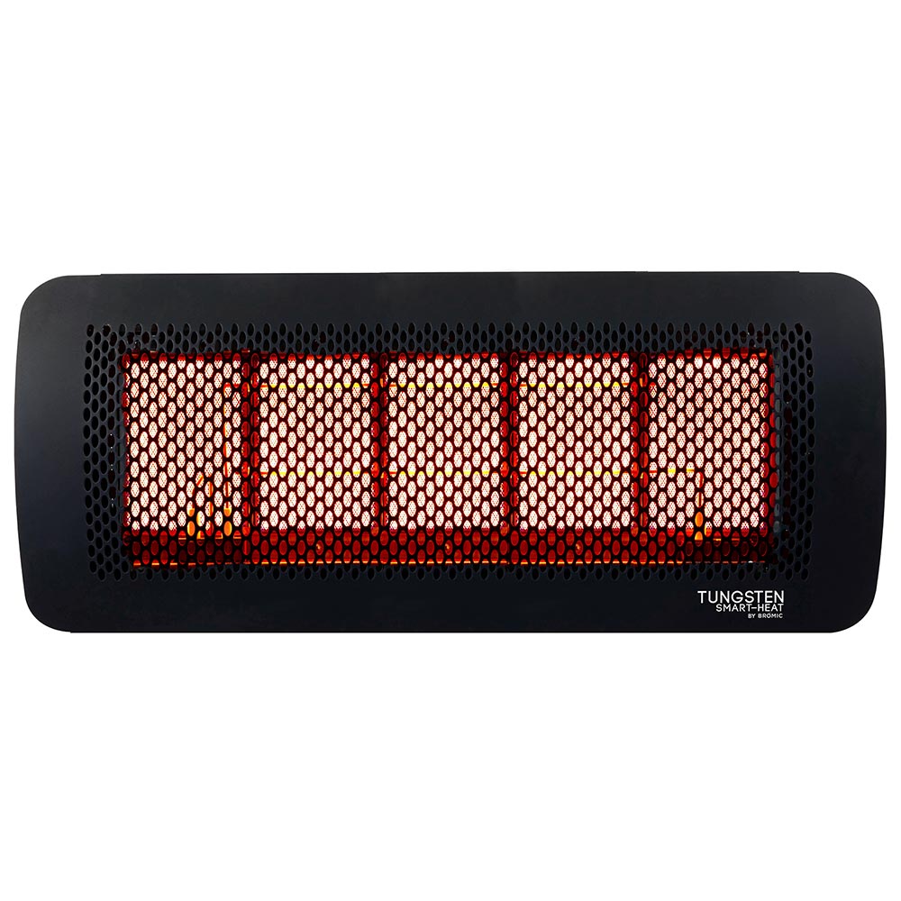 Radiant gas heater with glowing red burner grid in black housing, front view