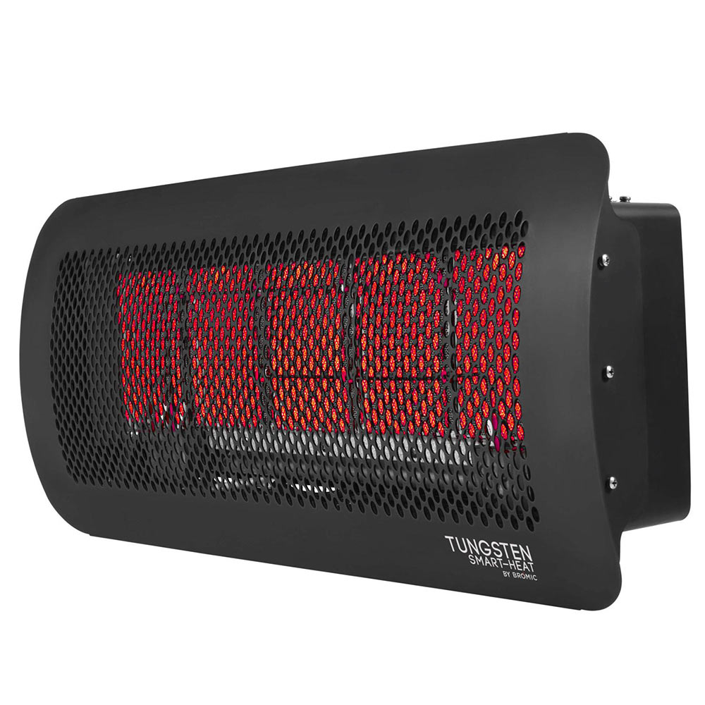 Radiant gas heater with glowing red burner grid in black housing, angled side view