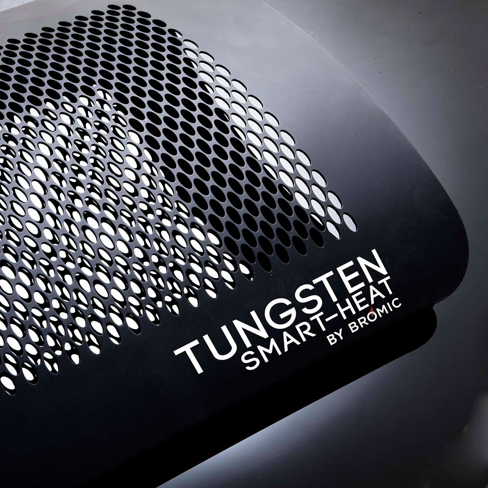 Radiant gas heater front grille and branding text on black housing, close-up