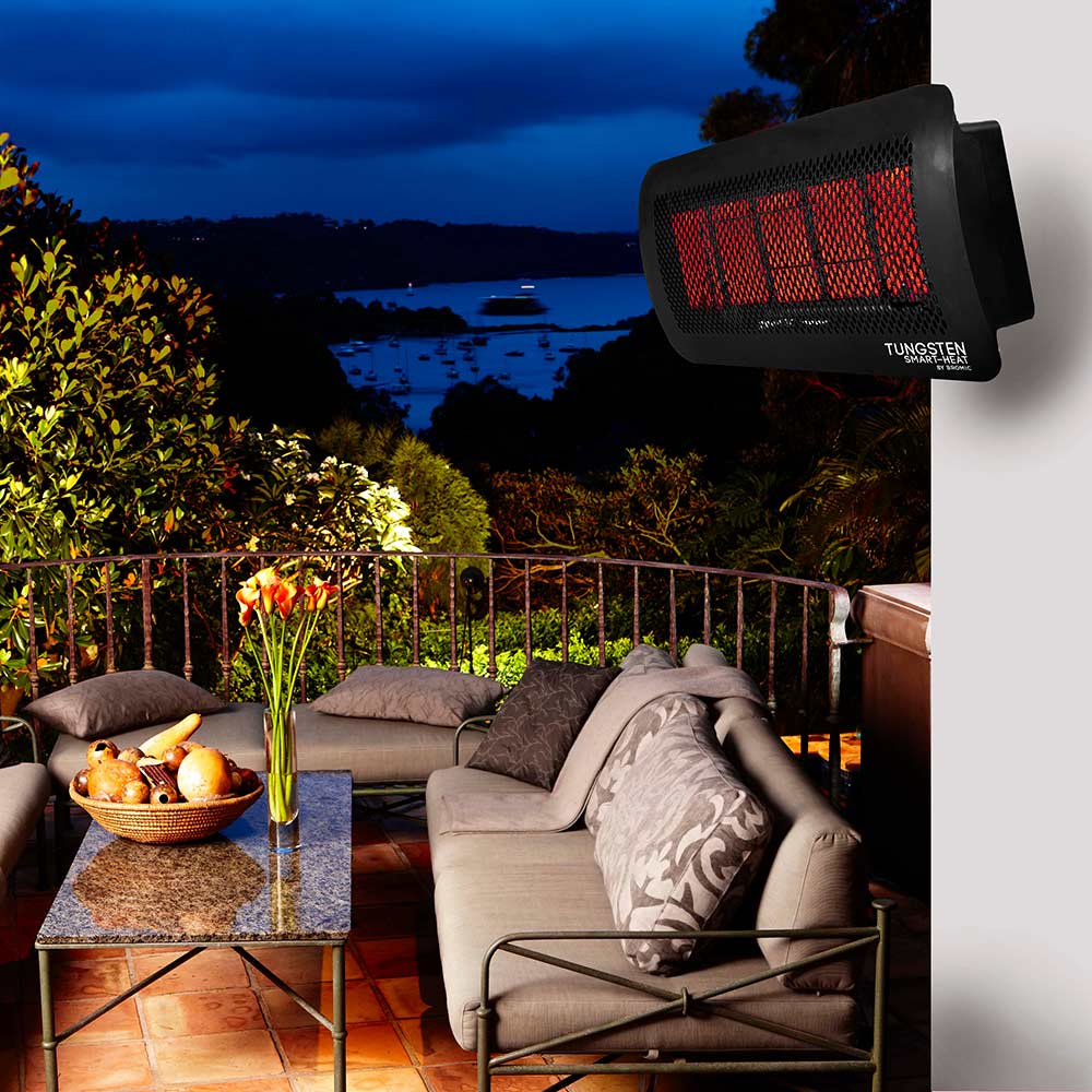 Outdoor radiant gas heater with glowing red burner grid wall-mounted near seating