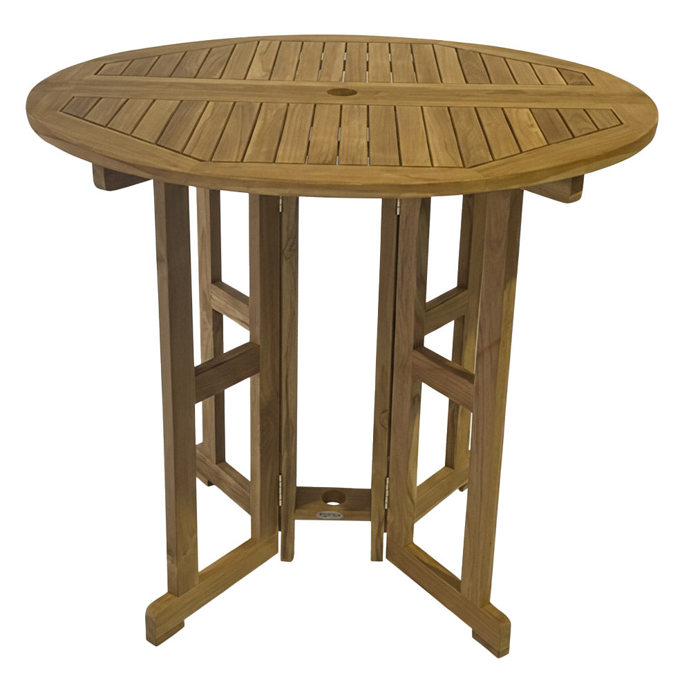 Round teak bar table with slatted drop-leaf top and tapered legs, natural brown finish.