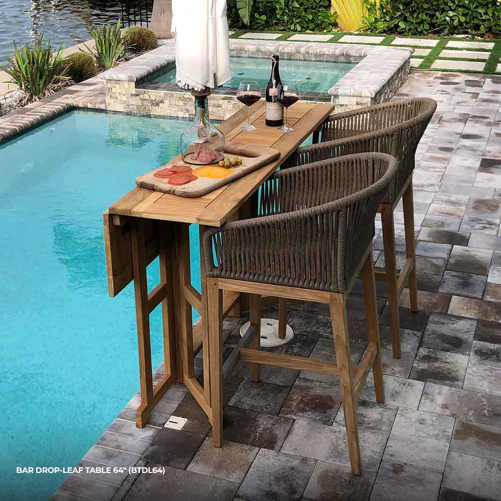 Rectangular teak bar table with slatted top and drop-leaf section, natural brown finish.