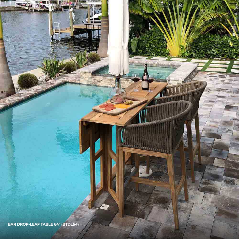 Rectangular teak bar table with slatted top and drop-leaf design, natural wood tone.