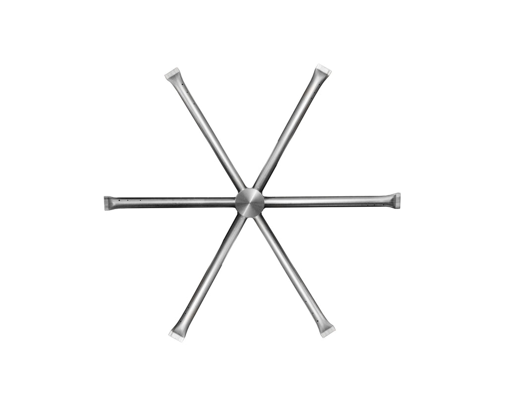 Stainless steel burning spur burner with four angled arms and central hub