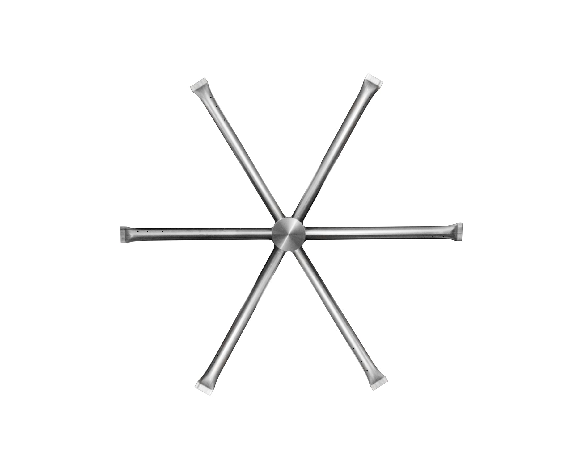 Stainless steel burning spur burner with four angled arms and central hub
