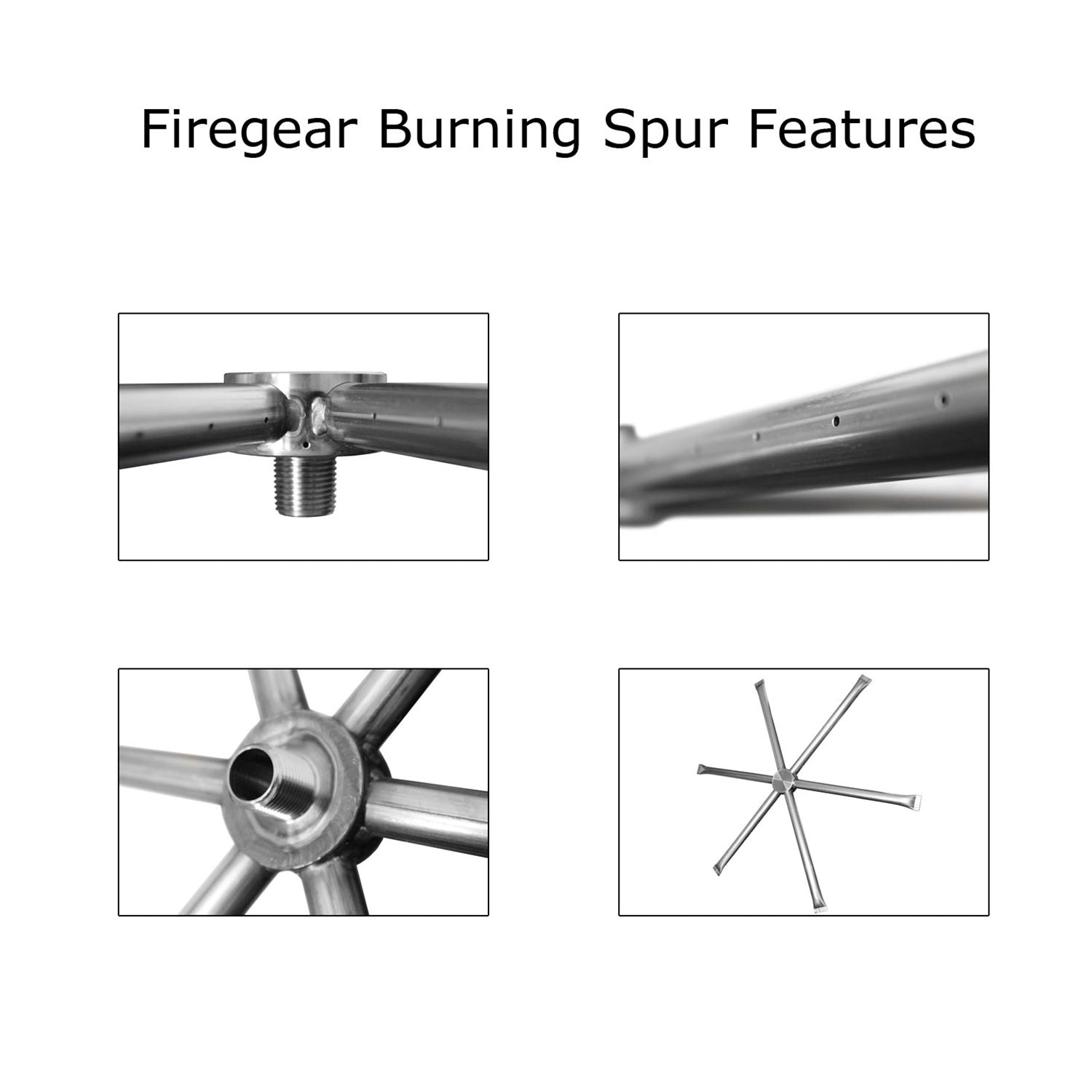 Square stainless steel gas fire pit burner kit closeups of burner connection and ignition