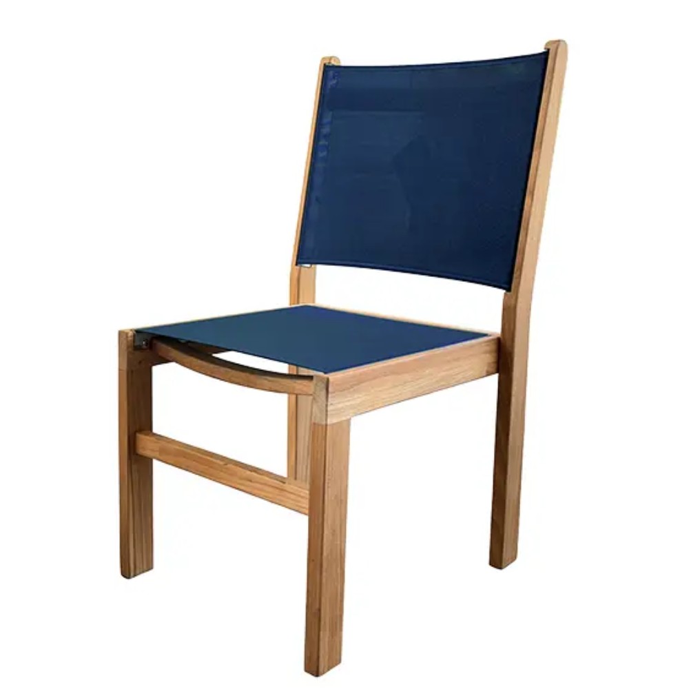 Navy side sling stacking chair with natural wood frame and slatted arms