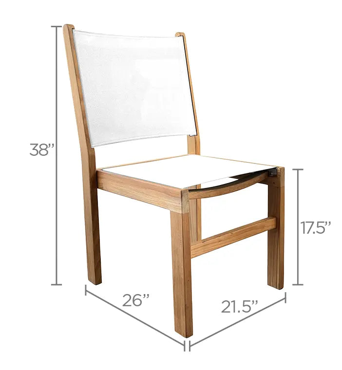 White side sling stacking chair with natural wood frame, shown with size labels