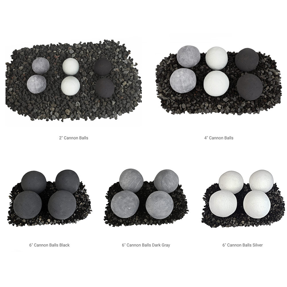 Four 6-inch cannon balls shown in black, dark gray, and light silver tones.