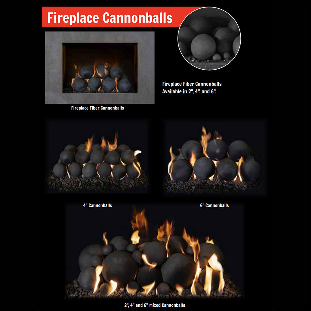 Fireplace cannonball set shown with flames and round dark gray and silver balls