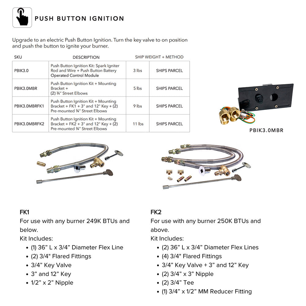 Crossfire by Warming Trends CFBH-PBIK Push Button Spark Ignition H-Style Brass Gas Fire Pit Burner Kit