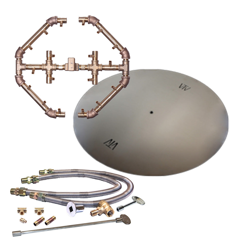 Brass fire pit burner kit with round steel plate, hoses, fittings, and match-light igniter