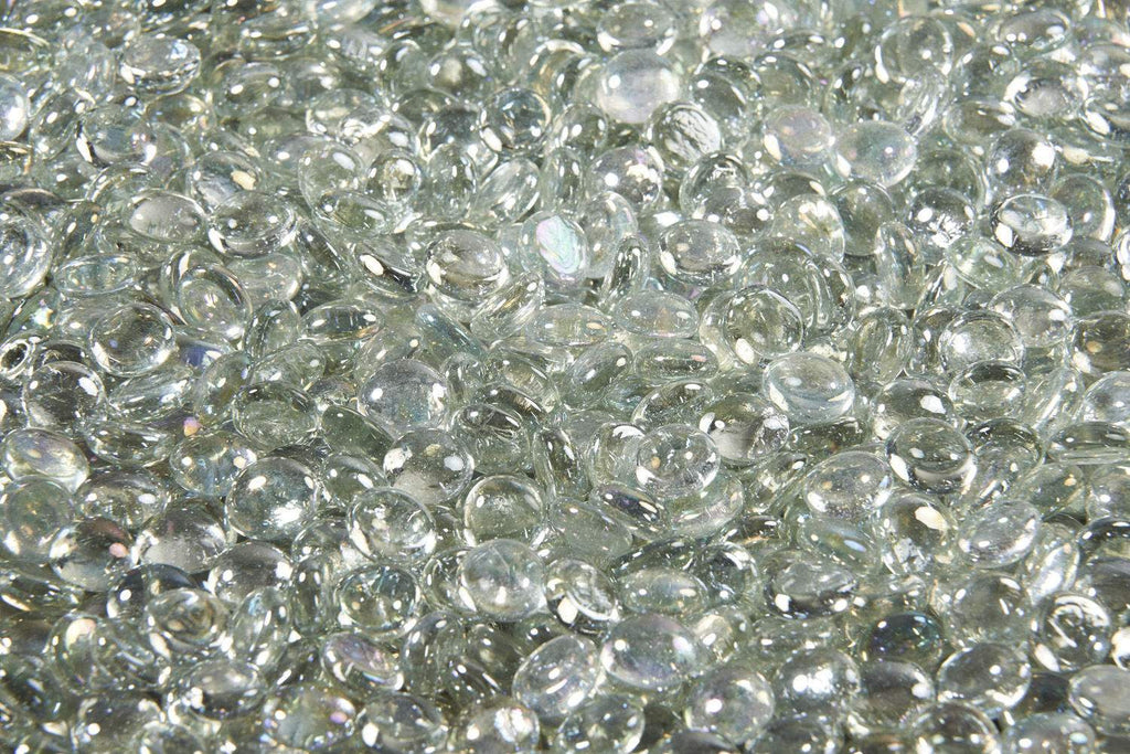 Fire glass gems in clear glass, diamond crystal style with round facets