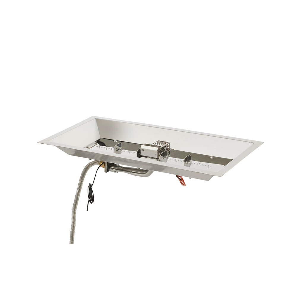 Linear fire pit burner kit with ignition wiring and control housing, underside view