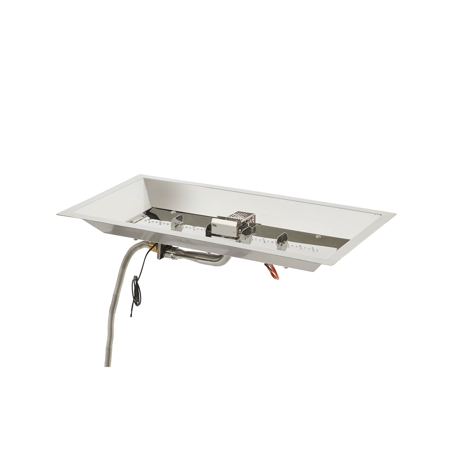 Linear fire pit burner kit with ignition wiring and control housing, underside view