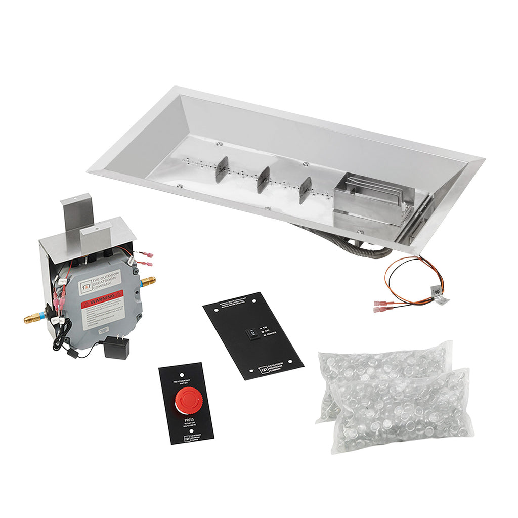 Fire pit burner kit with linear stainless burner, electronic ignition module and control cards