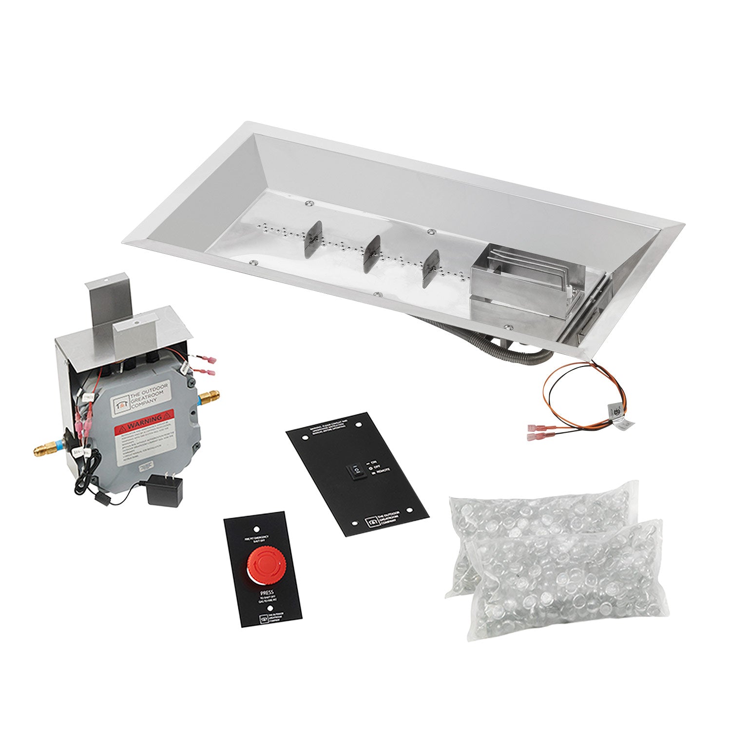Fire pit burner kit with linear stainless burner, electronic ignition module and control cards