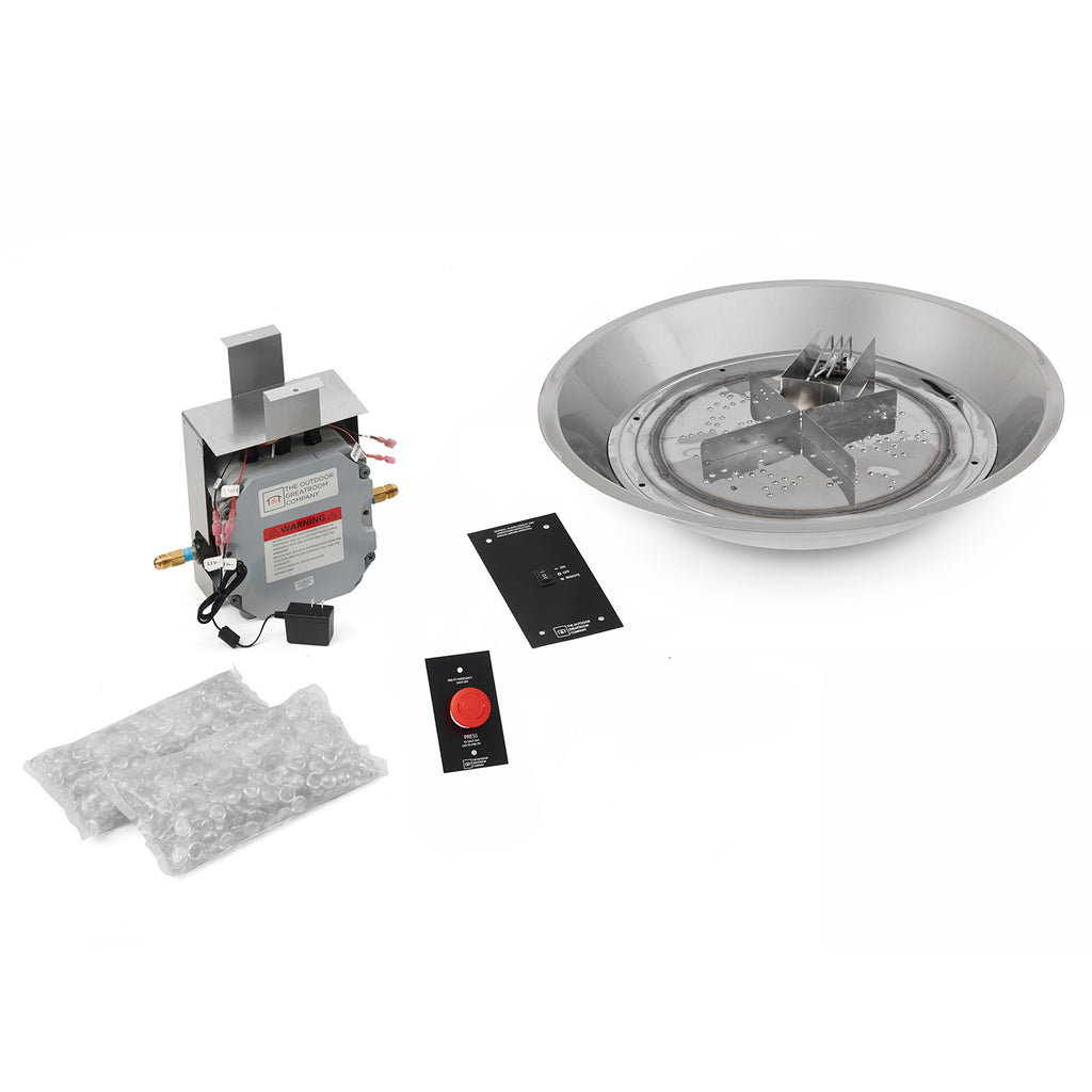 Fire pit burner kit: round bowl pan, electronic ignition module, control cards, and glass media