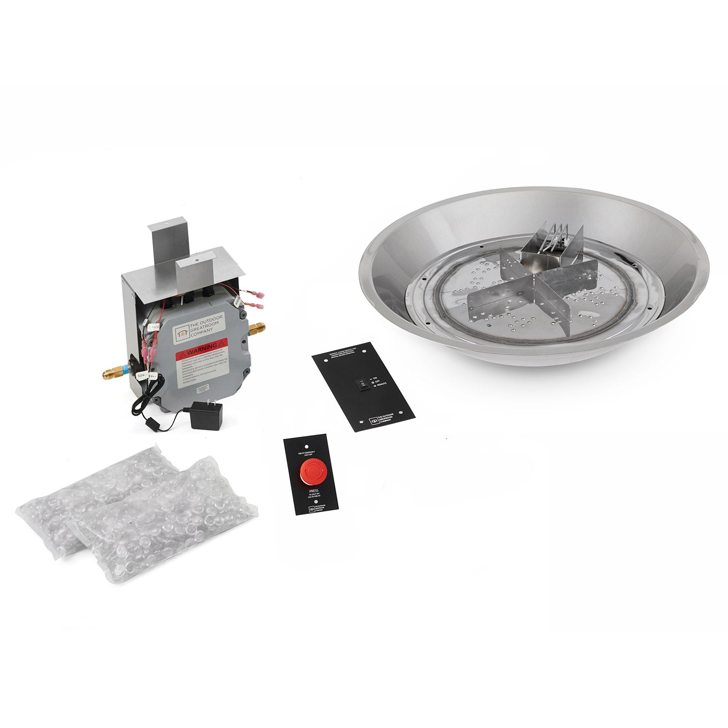 Fire pit burner kit: round bowl pan, electronic ignition module, control cards, and glass media