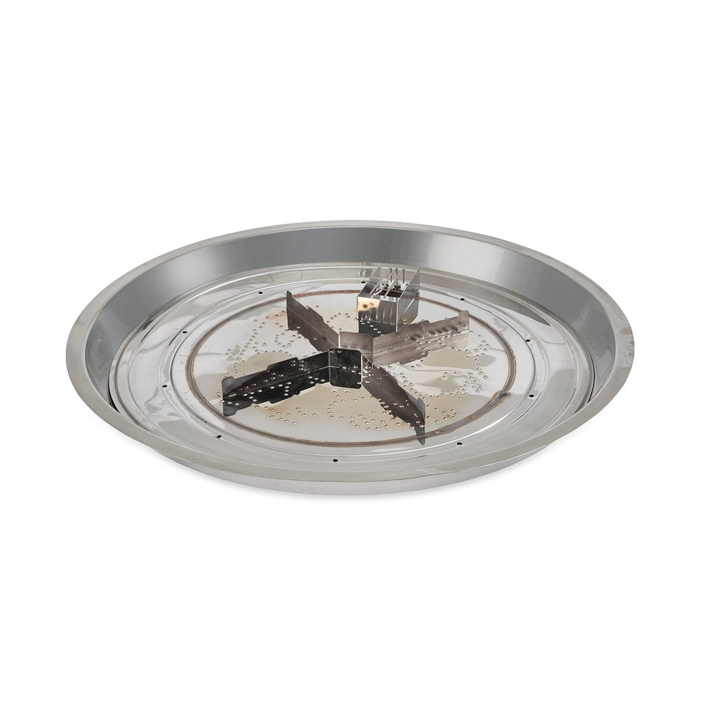 Round fire pit burner bowl pan with cross-shaped burner and spark ignition components