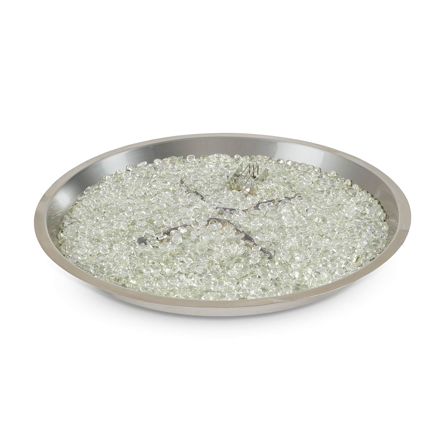 Round metal fire pit bowl pan filled with clear glass fire media and cross burner