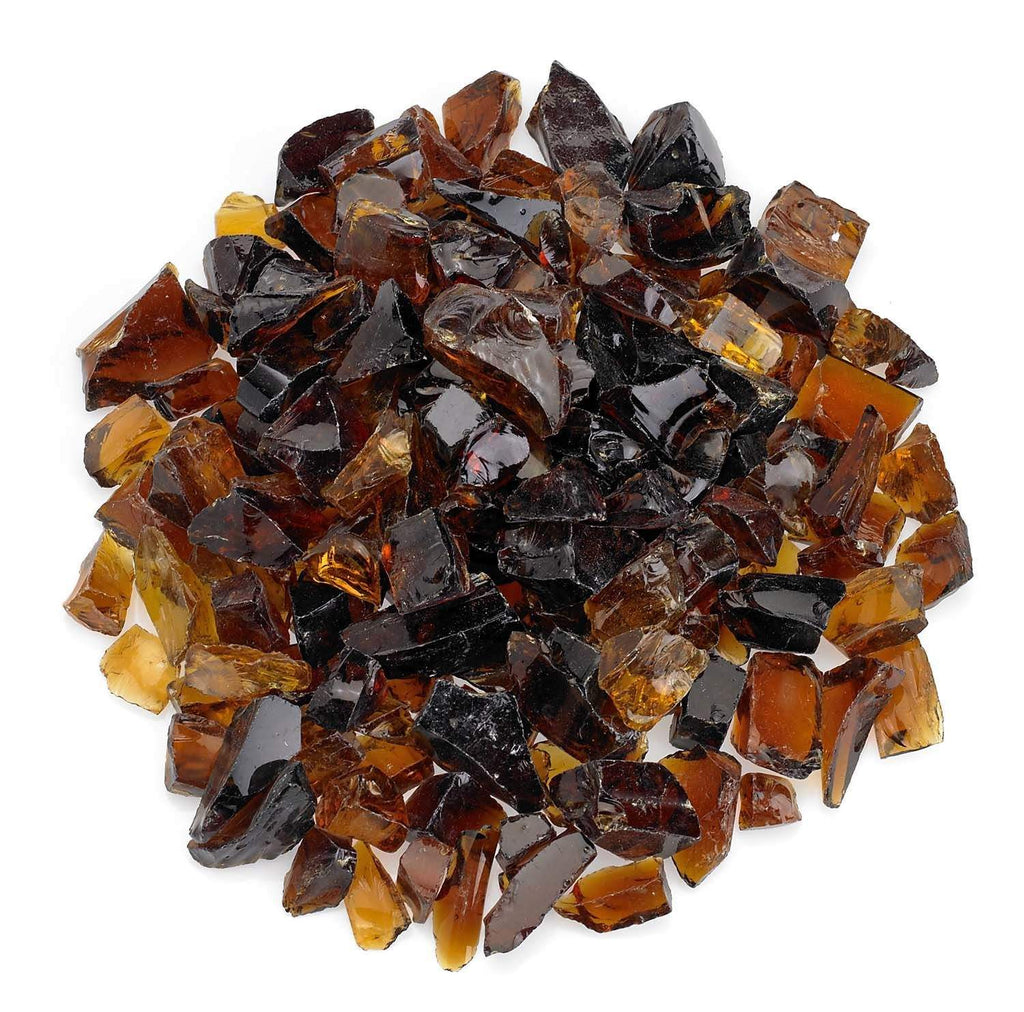 Auburn recycled fire glass chunks and shards in dark amber, black, and clear tones