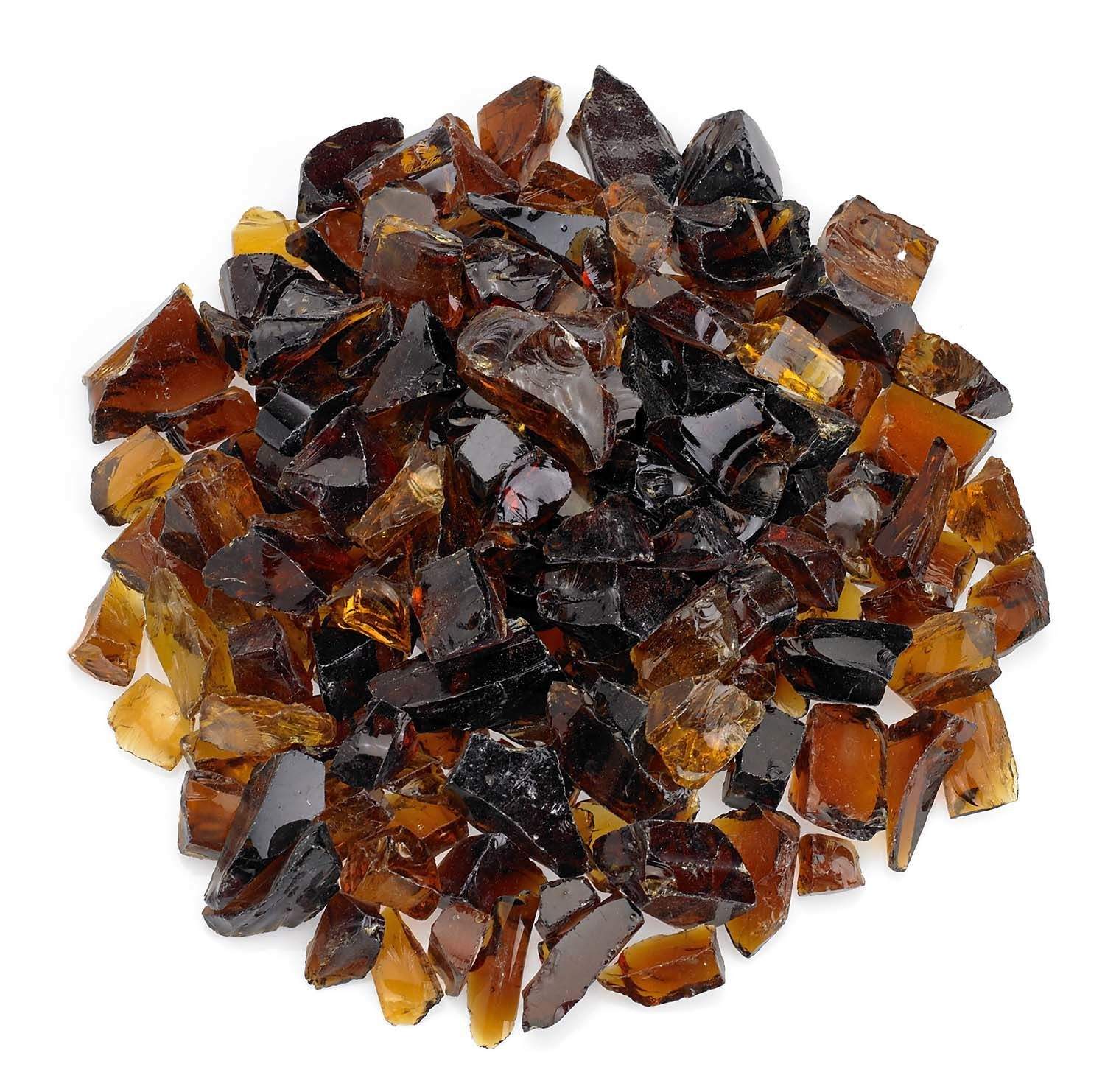 Auburn recycled fire glass chunks and shards in dark amber, black, and clear tones