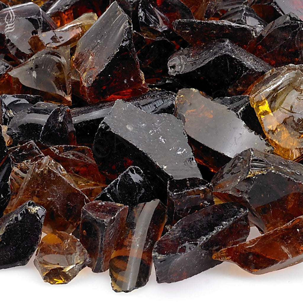 Mixed recycled fire glass shards in black, auburn, and clear gray pieces