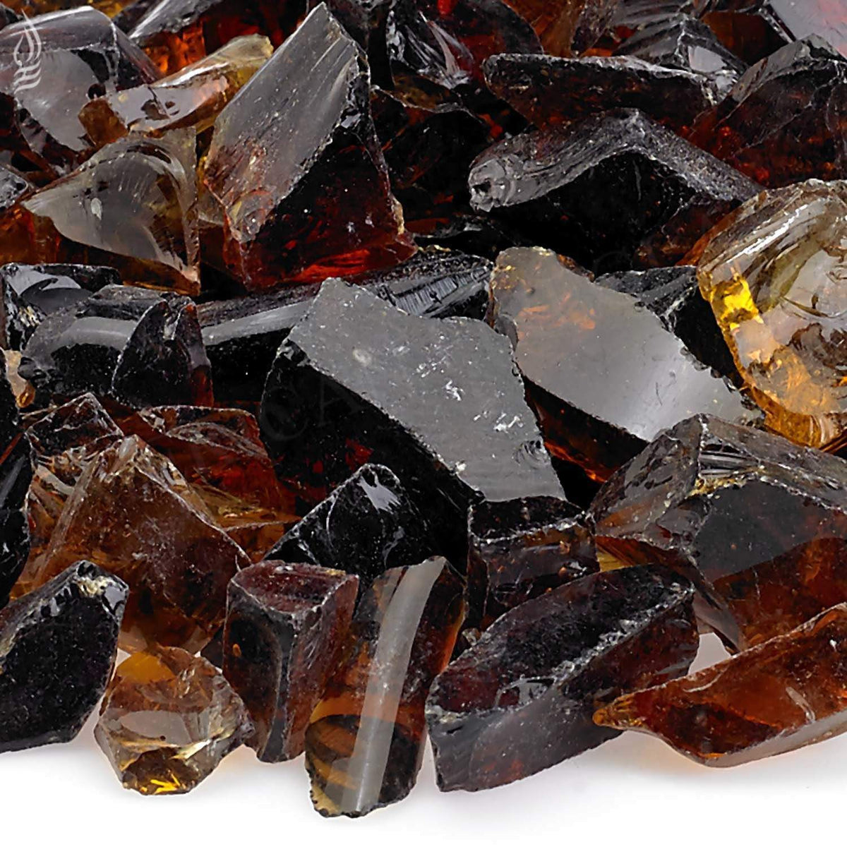 Mixed recycled fire glass shards in black, auburn, and clear gray pieces