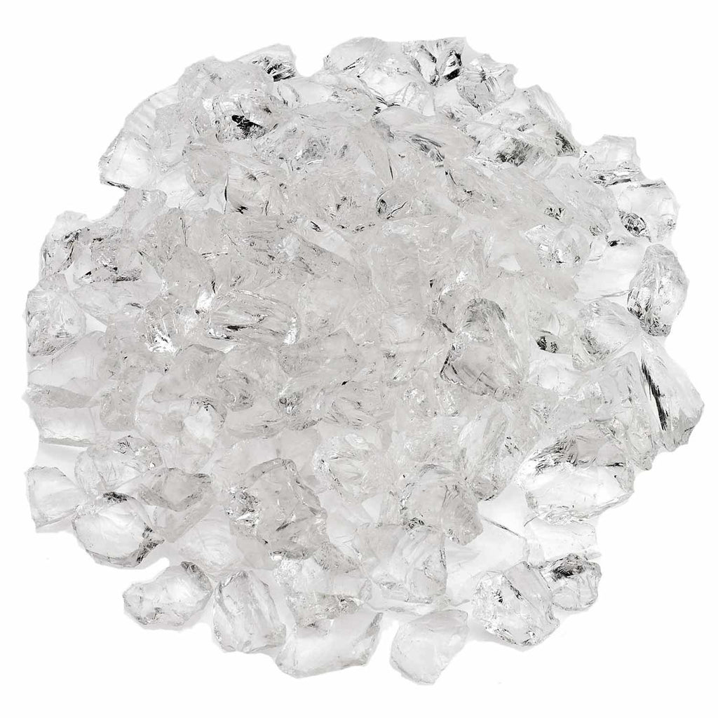 Ice-colored recycled fire glass chunks with angular, reflective pieces in assorted sizes