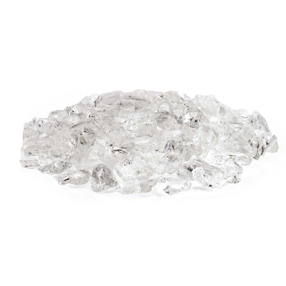 Recycled fire glass pile of ice-clear angular chunks with sparkling reflective facets