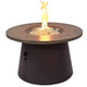Round gas fire pit table with tall lit flame in circular burner on dark base