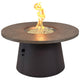 Round gas fire pit table with tall flame, brown stone-look top and dark base