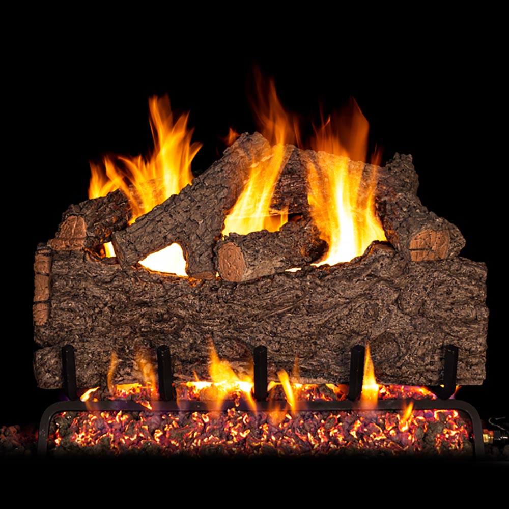 Vented gas log set with dark brown split logs and flames over front grate