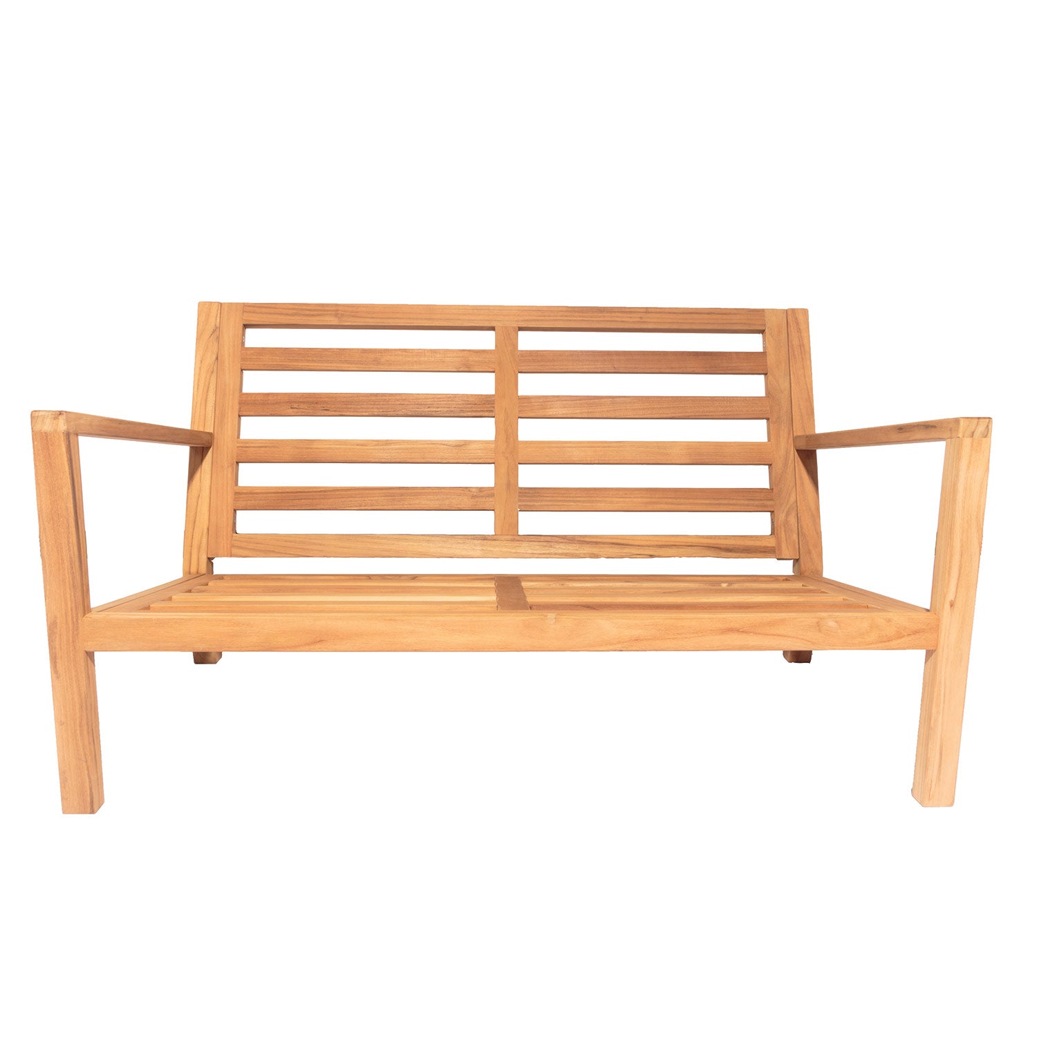 Teak loveseat frame with slatted backrest, armrests, and four legs