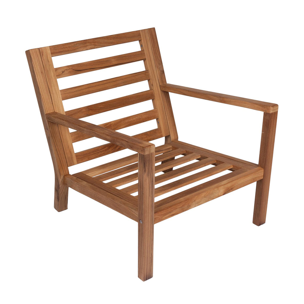 Teak chair frame with slatted seat and back, curved armrests, light brown wood