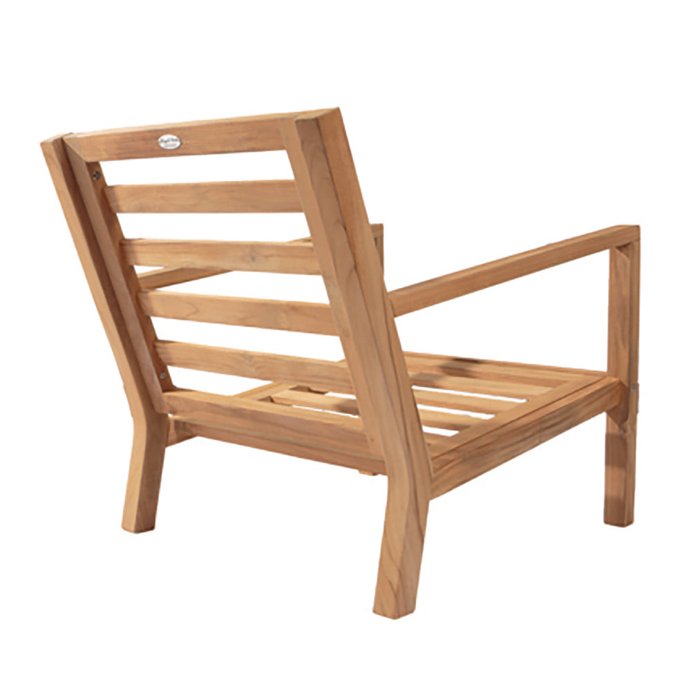 Teak chair frame with slatted back and seat, side view, light brown wood