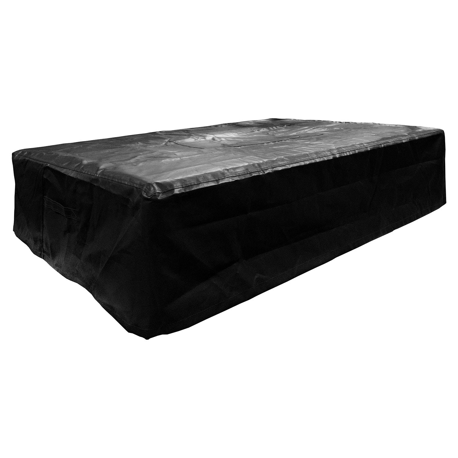 Black rectangular weather cover with fitted corners for outdoor fire pit