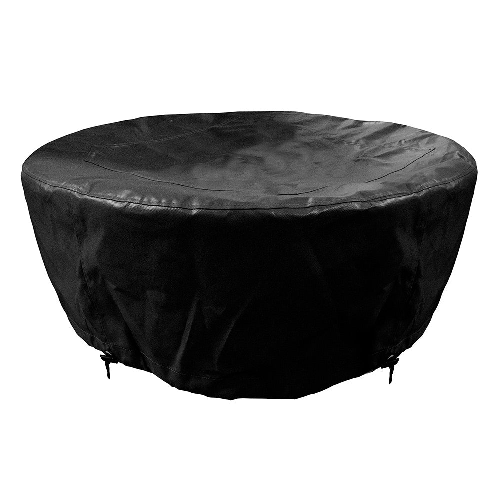 Black round weather cover with elastic hem and drawstring ties