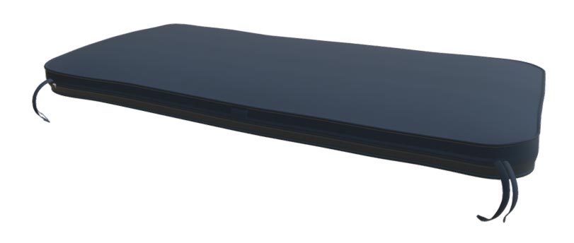 Outdoor bench cushion in dark blue with rounded corners and corner ties