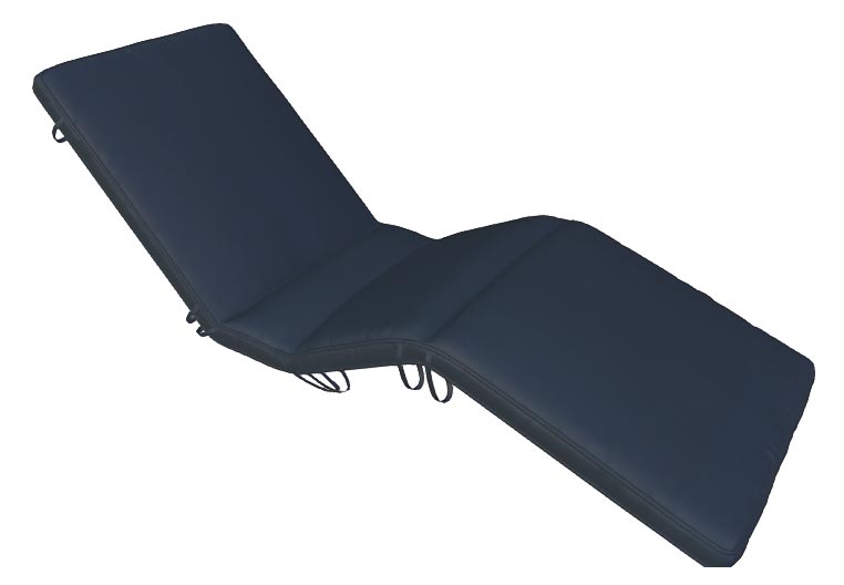 Navy sun bed cushion with backrest and contoured seat sections, with tie straps