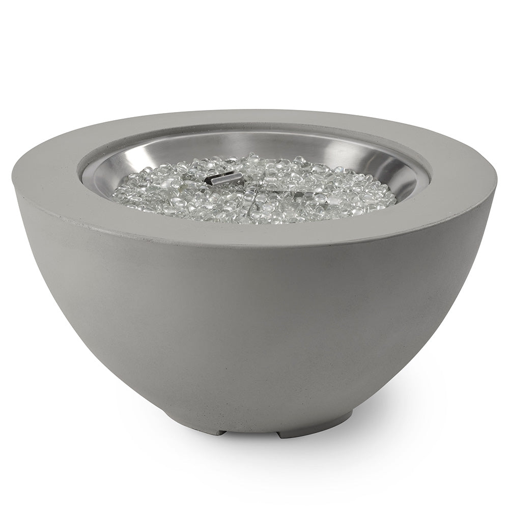 Grey gas fire pit bowl with stainless rim and clear fire glass burner media