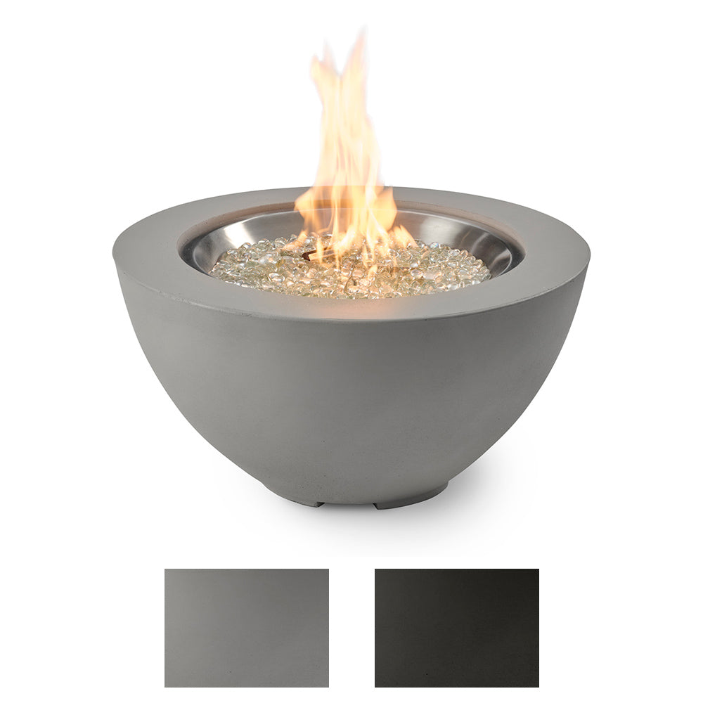 Grey gas fire pit bowl with visible flames and clear fire glass media