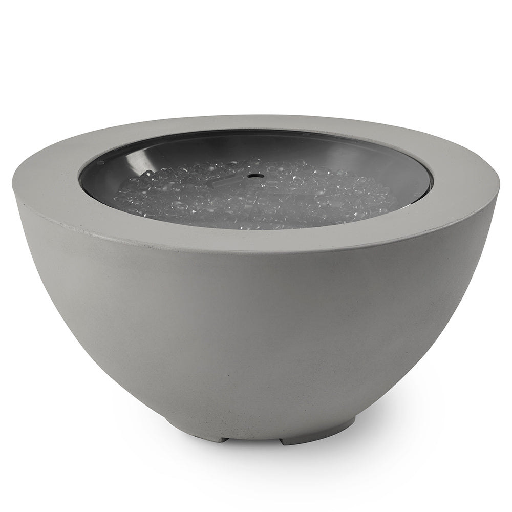 Grey gas fire pit bowl with stainless rim and dark burner pan with fire glass