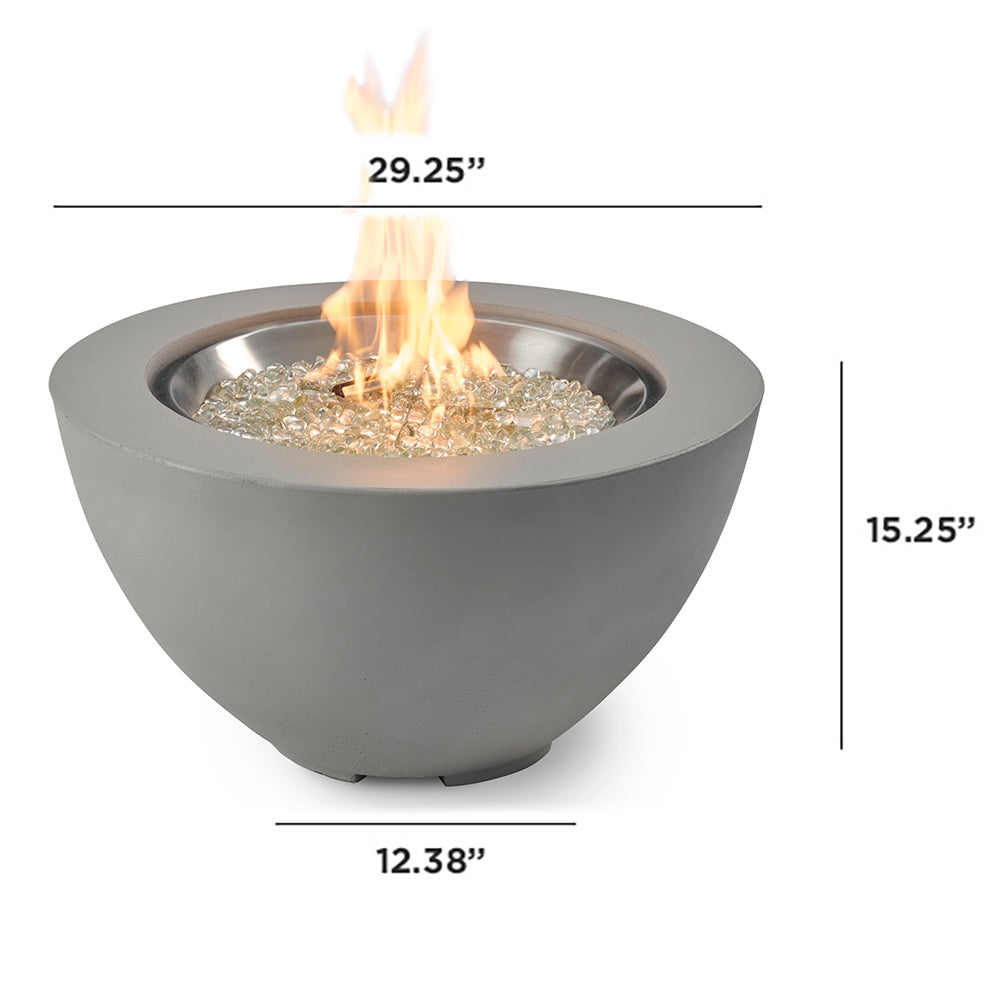 Grey gas fire pit bowl with flames, shown with height and width measurements