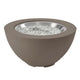 Taupe gas fire pit bowl with stainless rim and clear fire glass burner media